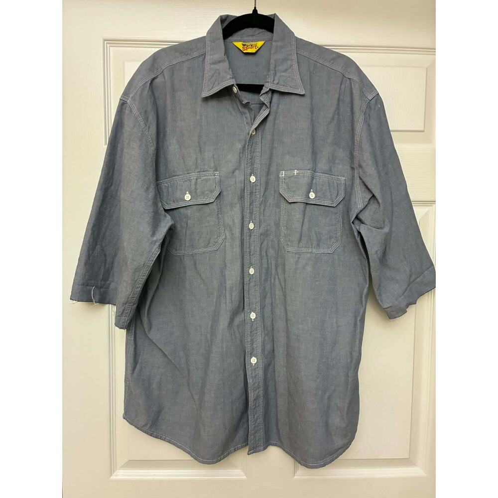 Work N Sport Chambray Work Shirt Mens XL Light Blue Utility Button Front